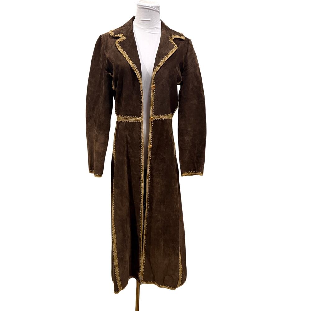 VINTAGE 100% LEATHER SUEDE CHOCOLATE BROWN TRENCH DUSTER COAT BOHO WESTERN M